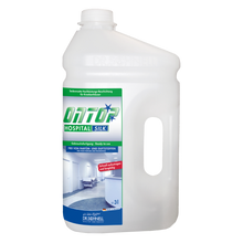 Weiße 3-Liter-Kunststoffflasche mit Henkel, beschriftet mit "Dr. Schnell ONTOP HOSPITAL SILK Seidenmatte Hochleistungsbeschichtung für Böden in Krankenhäusern" von DR.SCHNELL GmbH & Co. KGaA, mit sauberen Bildern von Krankenhauszimmern.