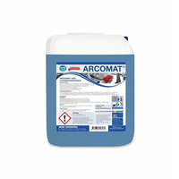 A 10-liter canister of Arcora Arcomat Industrial and Vending Machine Cleaner from Arcora International GmbH contains a blue liquid and is labeled with German instructions for use, hazard symbols, and product information for industrial cleaning.