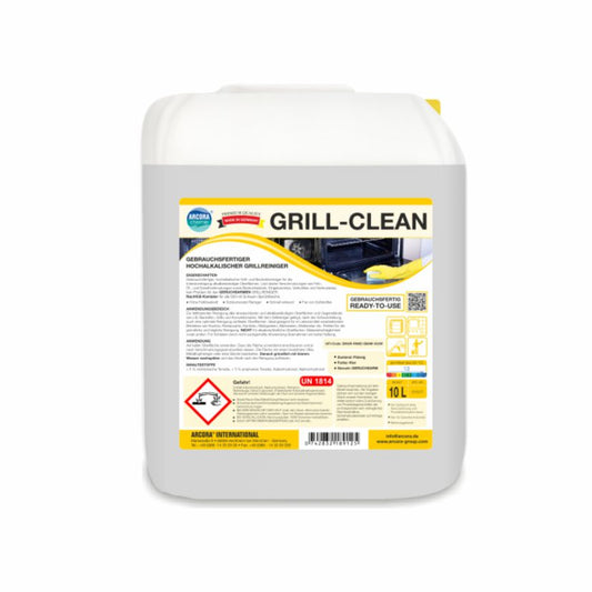 Ein 10-Liter-Kanister aus weißem Kunststoff mit der Aufschrift "Arcora Grill-Clean Gebrauchsfertiger Hochalkalischer Grillreiniger" von Arcora International GmbH; mit einem gelb-weißen Etikett mit Produktinformationen, Sicherheitssymbolen und Anweisungen für eine einfache Grillreinigung.