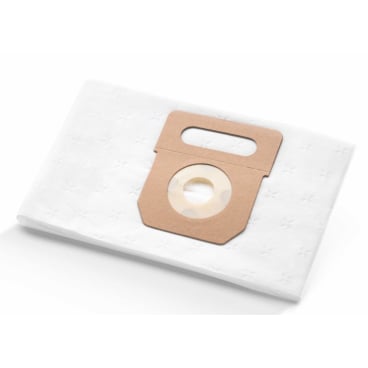 Un sacchetto filtro in tessuto non tessuto Arcora M5Plus a 3 strati per aspirapolvere (confezione da 10 pezzi, Arcora International GmbH) con collare di cartone marrone e apertura rotonda giace piatto su una superficie bianca.