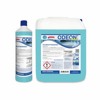 Deux flacons d'Arcora ODEON FRESH RAUMDUFTREINIGER, commercialisés par Arcora International GmbH – un grand et un petit – contiennent un liquide bleu. Leurs étiquettes blanches comportent des informations sur le produit, des consignes de sécurité et des images épurées d'intérieurs, ce qui en fait des désodorisants parfaits.