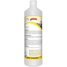 Eine weiße 1-Liter-Flasche mit der Aufschrift "Arcora Aldes Alkoholische Schnelldesinfektion Für Den Lebensmittelbereich" von Arcora International GmbH ist mit einer deutschen Gebrauchsanweisung, einer roten "Premium Quality Made in Germany"-Plakette und Warnhinweisen auf dem Etikett versehen.