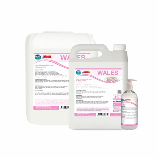 Drei Arcora WALES HAUTREINIGUNGS- UND DUSCHLOTION-Behälter der Arcora International GmbH - Pumpflasche, Kanne und Kanister mit weißer und rosafarbener Aufschrift - milde Duschlotion für alle Hauttypen.