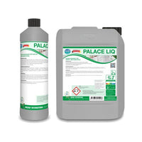 Two gray Arcora PALACE LIQ SPECIAL CLEANER containers from Arcora International GmbH in various sizes, with black lids and green and white labels featuring text, hazard symbols, and branding. Perfect for effectively cleaning natural and artificial stone surfaces.