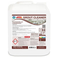 Un contenitore bianco da 5 litri con la scritta "Arcora GROUT CLEANER DETERGENTE PER FUGHE E PIASTRELLE" della Arcora International GmbH riporta sul lato anteriore istruzioni, avvertenze di sicurezza, simboli di pericolo e informazioni sul prodotto in tedesco e in inglese.