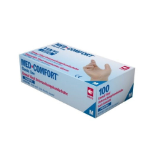 Eine rechteckige Box mit Auslaufartikel: MED-COMFORT Vinyl-Untersuchungshandschuh, puderfrei, weiß, Größe XXL (100 Stück) von AMPri Handelsgesellschaft mbH. Die Schachtel zeigt eine Produktinformation und die Abbildung einer Hand mit weißem Handschuh.