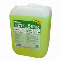Un contenitore in plastica da 10 litri contenente lo sgrassatore GastroPower, senza schiuma e inodore, distribuito da Abena Re-Seller GmbH per lo sgrassaggio in cucina, con informazioni sul prodotto, avvertenze e simboli di sicurezza riportati sul lato anteriore, oltre a un manico e un coperchio bianchi.