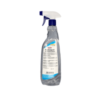 A clear 1-liter bottle of Velvet Quick Cleaner AF with a spray nozzle from the Stern Waschmittel GmbH, Comes with a white and blue nozzle and a white label featuring German text and a blue-and-yellow logo at the top; ideal for daily cleaning.