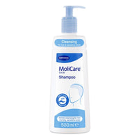 Lo shampoo per la pelle Hartmann MoliCare da 500 ml della Paul Hartmann AG è disponibile in un flacone con dosatore ed è ideale per la detersione delicata dei capelli e del cuoio capelluto sensibile. La formula a pH neutro per la pelle e i dettagli del prodotto sono riportati sull’etichetta, contrassegnata da un contorno blu a forma di testa.