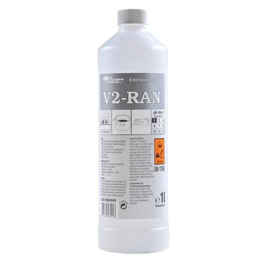 GastroPower V2-RAN, 1 l (4*1) di Abena Re-Seller GmbH: Detergente per acciaio inox in bottiglia di plastica con etichetta grigio/bianca, istruzioni, scala di pH e simboli di pericolo - ideale per la pulizia igienica nei locali gastronomici.