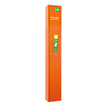 Orange First Aid Stretcher in a Freestanding Cabinet