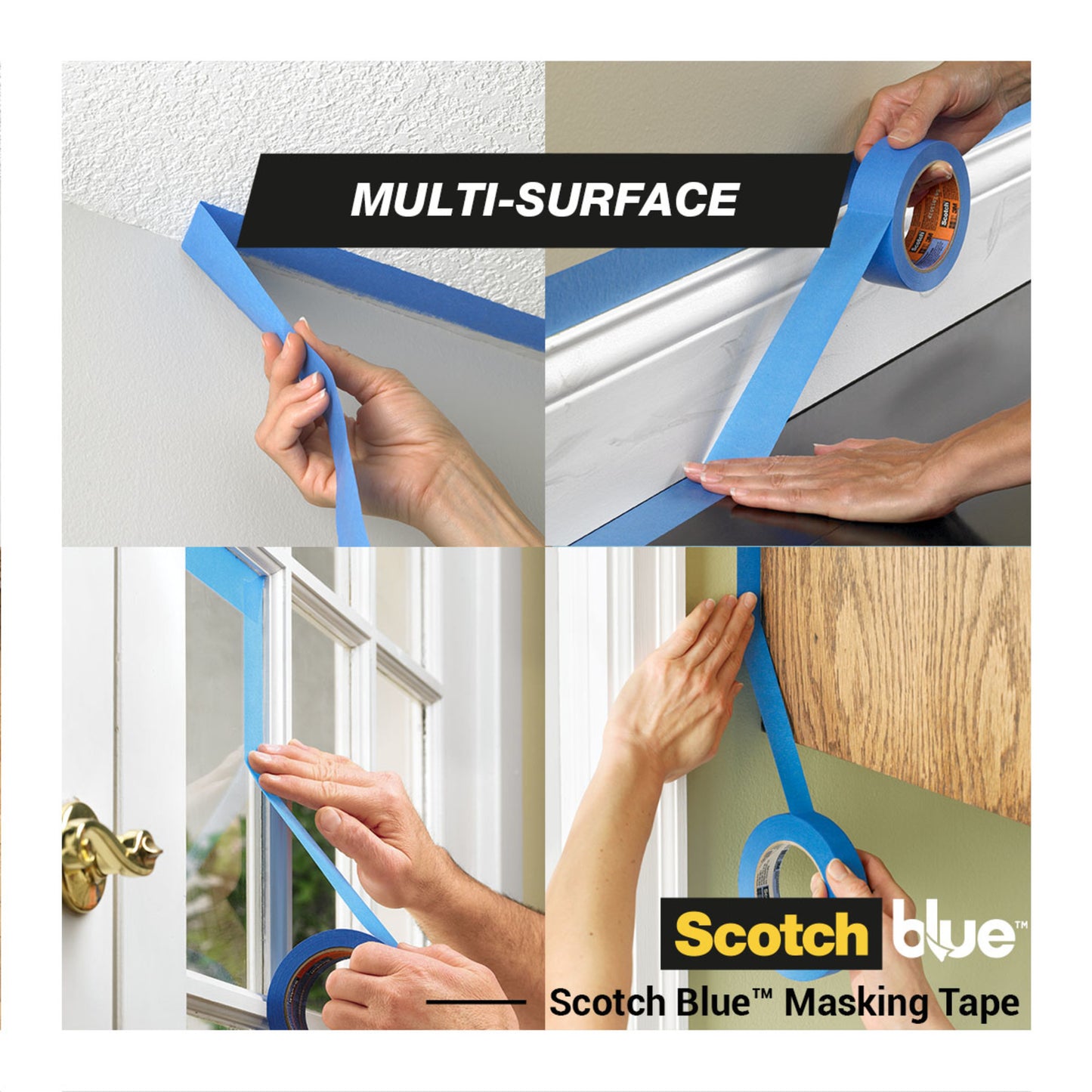 Vier Bilder zeigen Hände, die ScotchBlue™ Malerabdeckband "Multi-Surface" von 3M Deutschland GmbH auf eine strukturierte Decke, eine Fußleiste, eine Fensterverkleidung und eine gestrichene Wand auftragen. Der Text lautet "Multi-Surface" und "Scotch Blue Masking Tape".