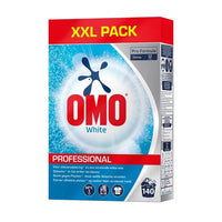Vista frontale della confezione XXL (7 kg) del detersivo per bucato OMO Professional White della Diversey Deutschland GmbH & Co. OHG, con marchio e informazioni; indicato come detersivo per biancheria bianca per un massimo di 140 cicli di lavaggio.