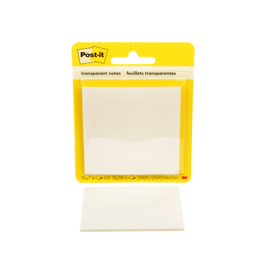 Eine Packung 3M Deutschland GmbH Post-it® Transparent Notes (73 mm x 73 mm, 36 Blatt/Block, 1 Block/Packung) hat gelbe Zettel mit klarer Kunststoffrückseite und zweisprachiger Beschriftung in Englisch und Französisch auf der Verpackung.