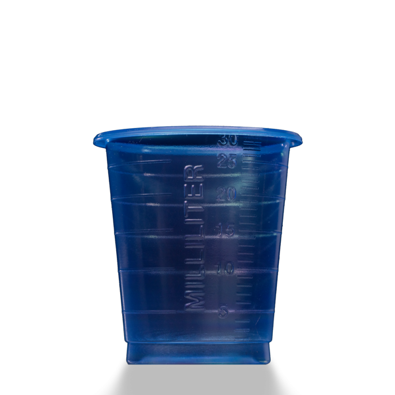Der MED COMFORT ECO Einmal Medizinbecher 30 ml graduiert von AMPri Handelsgesellschaft mbH ist ein blauer Kunststoffbecher mit klarer 5-30 ml Graduierung, die auf einem schlichten weißen Hintergrund dargestellt ist.
