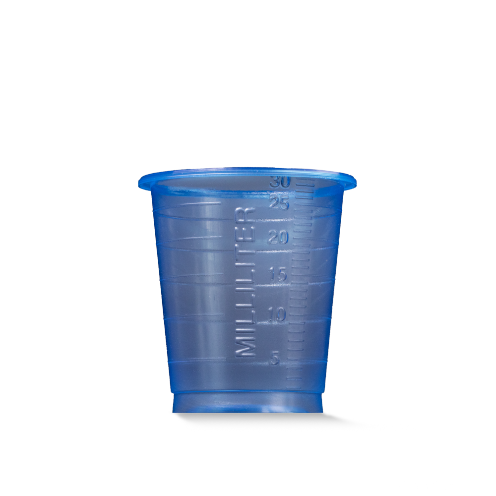 Der MED COMFORT BASIC Einmal Medizinbecher der AMPri Handelsgesellschaft mbH ist ein kleiner, blauer, graduierter 30 ml Kunststoffbecher für den medizinischen Gebrauch, abgebildet auf einem schlichten weißen Hintergrund.
