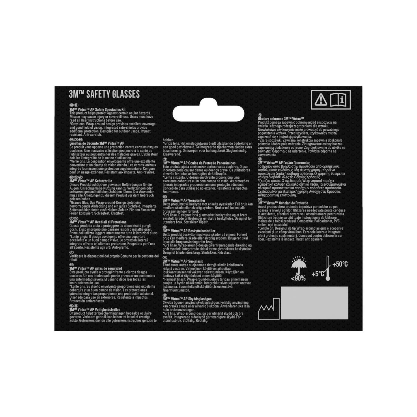 Dos de l'emballage des lunettes de protection 3M™ Virtua™ AP, verre gris de 3M Deutschland GmbH avec texte multilingue blanc, symboles de protection oculaire et de plage de température ainsi que les détails du produit - le tout sur un fond noir simple.