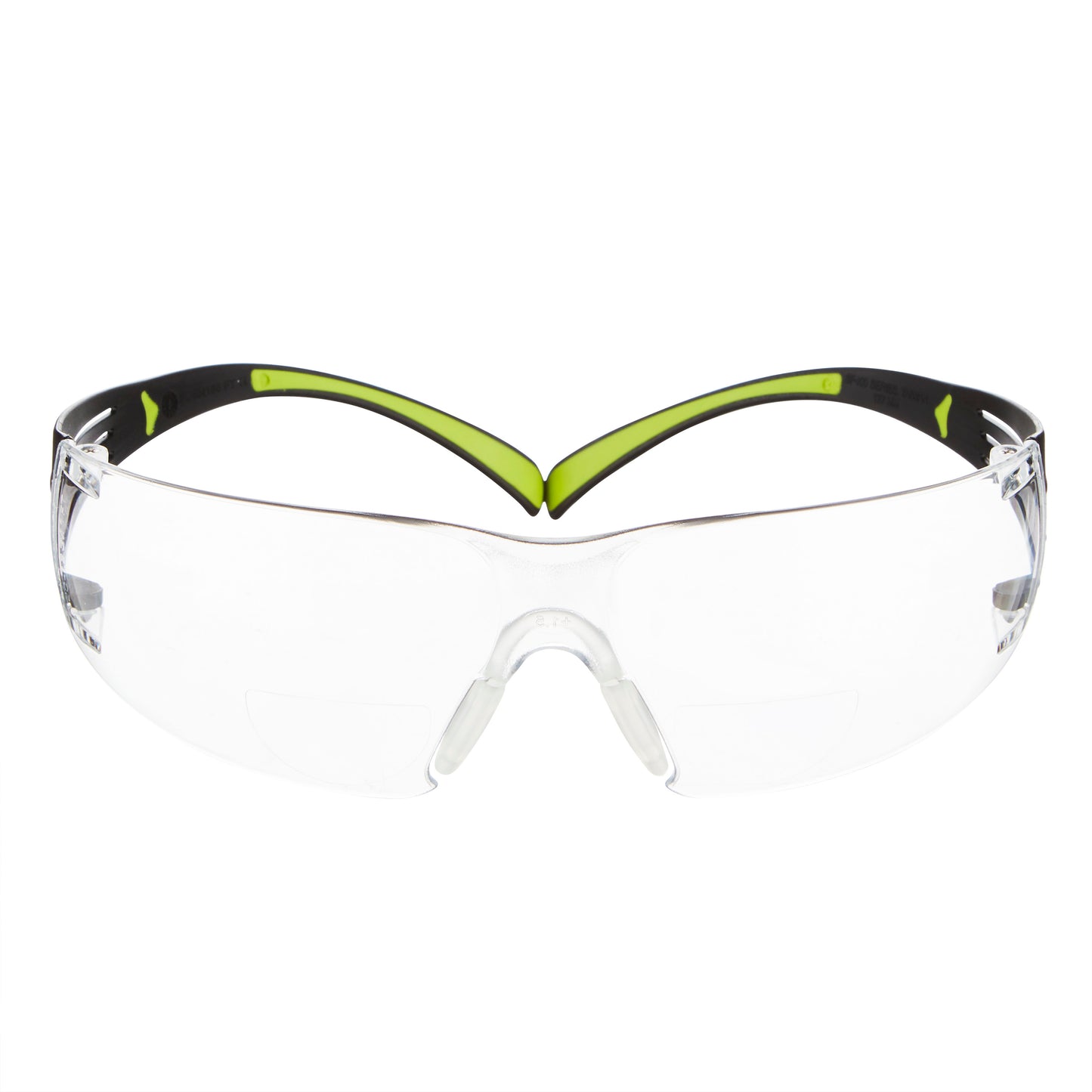 Die 3M™ SecureFit™ Lese-Schutzbrille der 3M Deutschland GmbH hat eine einzelne umlaufende Scheibe, schwarze und gelbe Bügel und Nasenpads, abgebildet vor einem weißen Hintergrund.