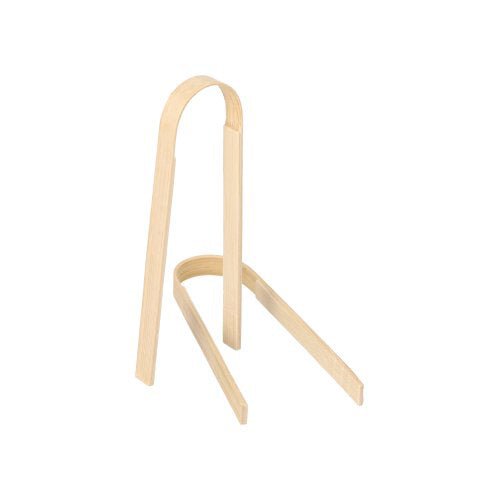 Ein Paar PAPSTAR Fingerfood-Zangen aus Bambus, 10 cm (50 Stück) von PAPSTAR GmbH mit schlichtem U-Design steht aufrecht vor weißem Hintergrund.