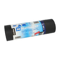 A roll of 20 black Starpak LDPE trash bags (120 liters, 100x70 cm) with a drawstring, a label featuring product information, the recycling symbol, and instructions in German.
