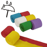Six PAPSTAR GmbH crepe ribbons (10 m x 5 cm, assorted colors, waterproof, 6 rolls) in blue, red, yellow, white, green, and purple are shown in two rows, with two of them partially unrolled, and an umbrella with raindrops is depicted in the upper left corner.