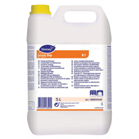A white 5-liter plastic container of Diversey Deutschland Suma Dip K1—a liquid, chlorine-based immersion cleaner for professional dishware—features a yellow cap and multilingual product information, usage instructions, and safety precautions on the label.