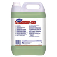 A 5-liter container of Suma Auto Oven Rinse D9.11 from Diversey Deutschland GmbH & Co. OHG, a rinse aid for automatic convection oven cleaning; green liquid with a multilingual white label featuring information, instructions, and safety symbols.