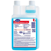 A 1-liter bottle of Suma Café MilkClean S C3.4 milk system cleaner from Diversey Deutschland GmbH & Co. OHG, containing blue liquid and featuring a white-and-blue label with usage instructions, product information, and certifications for cleaning coffee machines.