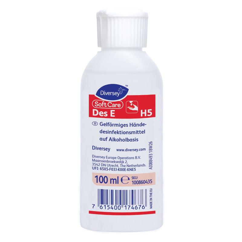 Une bouteille blanche de 500 ml de Soft Care Des E, désinfectant pour les mains en gel répertorié par le VAH de Diversey Deutschland GmbH & Co. OHG, avec une étiquette allemande rouge et blanche et un code-barres bleu au fond.