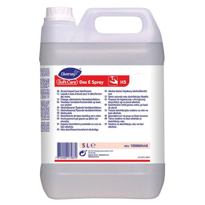 Le bidon de 5 litres « Soft Care Des E Spray H5 » de Diversey Deutschland GmbH & Co. OHG offre une désinfection des mains sécurisée en format spray pratique et dispose d'une étiquette produit multilingue blanc-rouge.