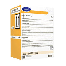 Ein rechteckiger gelb-weißer 5-Liter-Kanister mit Diversey Suma Break up D3.5 Fettlöser (aluminiumsicher) von Diversey Deutschland GmbH & Co. OHG, mit Anwendungsdetails, Anleitung, SKU 100862176 und Pfeilen für die aufrechte Position auf dem Etikett.