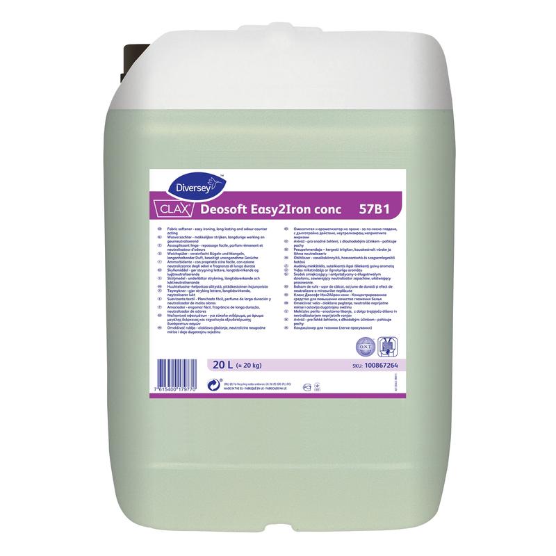 Ein durchsichtiger 20-Liter-Behälter mit Diversey Clax Deosoft Easy2Iron Conc 57B1 Weichspüler mit bügelfreundlichen Eigenschaften, ideal für professionelle Wäschereien, mit weißem Schraubverschluss und beschriftetem Etikett.