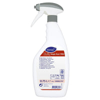 Lo smacchiatore Clax Magic Rust da 750 ml, in confezione bianca, per macchie di ferro e ruggine, prodotto da Diversey Germania, è dotato di un tappo grigio e di un’etichetta multilingue con le istruzioni relative al prodotto e alle modalità d’uso per una rimozione efficace delle macchie.
