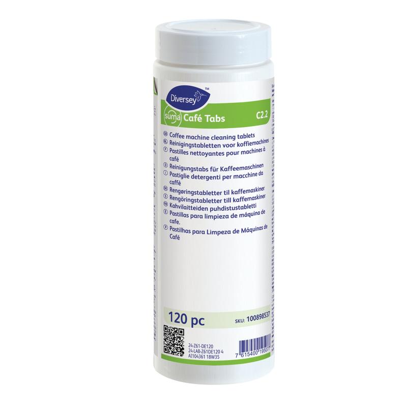 Ein weißer Kunststoffbehälter mit Suma Café Tabs C2.2 Reinigungstabs für Kaffeemaschinen (120 Stück) von Diversey Deutschland GmbH & Co. OHG zur Entfernung von Kaffeerückständen ist vor einem weißen Hintergrund mit mehrsprachiger Beschriftung abgebildet.