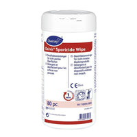 A white container of Oxivir Sporicide Wipe, pre-moistened disposable wipes | Can (80 wipes) from Diversey Deutschland GmbH & Co. OHG features blue and red labeling, multilingual information, and symbols for surface disinfection and the use of medical devices.