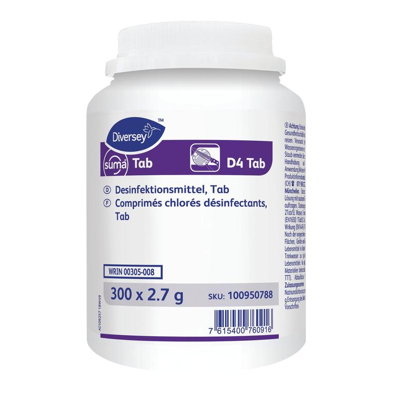 Ein weißer Kunststoffbehälter mit der Aufschrift "Suma Tab D4, Desinfektionstabletten auf Chlorbasis" von Diversey Deutschland GmbH & Co. OHG enthält 200 Tabletten (pro Dosis) mit deutsch/französischer Anleitung und Produktinformation.