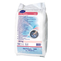Un sac de 20 kg de Clax Essence 35E2, lessive universelle sans phosphate de Diversey Allemagne, idéale pour les eaux douces à moyennement dures, avec agent blanchissant ; accompagnée d'une notice d'utilisation en plusieurs langues et d'une illustration représentant une machine à laver.
