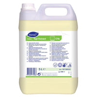 A 5-liter canister of Diversey TASKI Tapi Extract carpet spray-extraction cleaner with O.N.T. technology, certified by the Wool Seal, features a carrying handle and a multilingual label with product information and instructions.