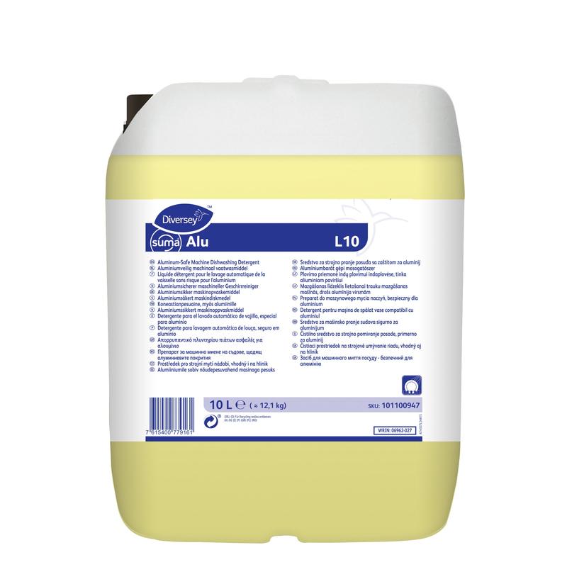 Un contenitore da 10 litri di Diversey Suma Alu L10, detergente per stoviglie sicuro per l'alluminio per tutte le durezze dell'acqua di Diversey Deutschland GmbH & Co. OHG, ha un coperchio bianco, un liquido giallo e istruzioni multilingue sull'etichetta frontale.