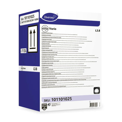 A rectangular box of Diversey Suma Vario L3.8 dishwashing detergent with bleach without chlorine odor (SKU 101101025) from Diversey Deutschland GmbH & Co. OHG displays product details, barcodes, black upward arrows, and capacity markings on a white-blue background.