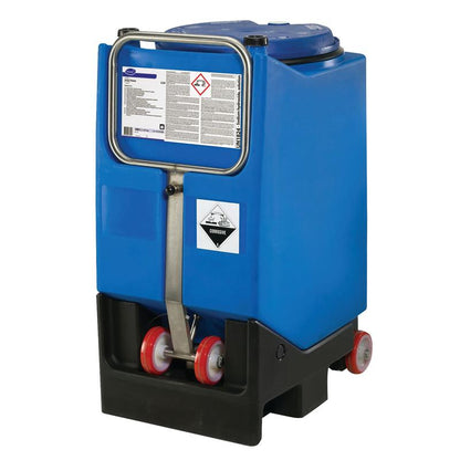 A large blue plastic container with Diversey Suma Vario L3.8 dishwashing detergent with bleach without chlorine odor from Diversey Deutschland GmbH & Co. OHG, designed for medium hard to hard water, features warning labels and stands on a black base with handle and wheels.