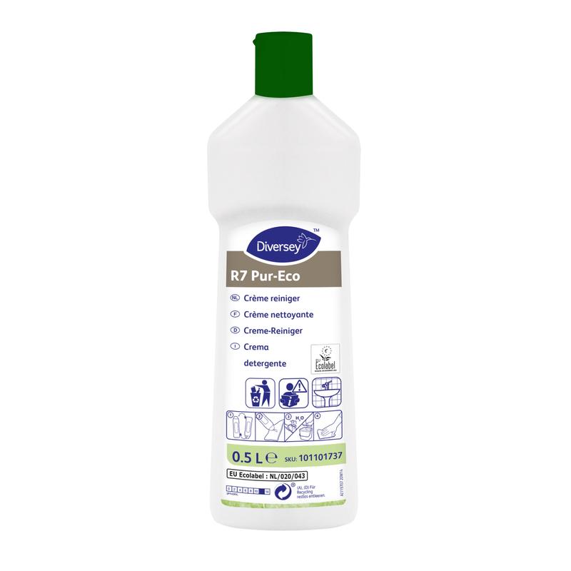 Una bottiglia bianca da 500 ml di crema detergente Pur-Eco R7 di Diversey Deutschland GmbH & Co. OHG con tappo verde, etichettata in più lingue ed ecologica per superfici dure e impermeabili.