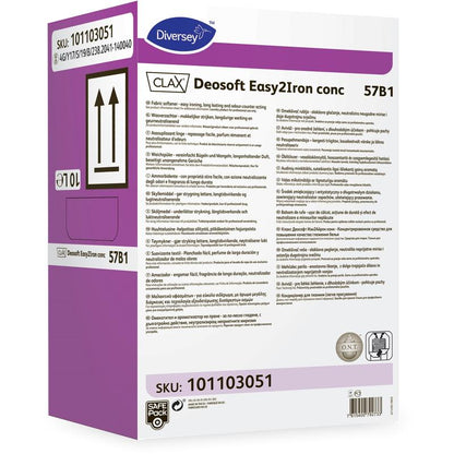Eine weiße und violette rechteckige Box mit der Aufschrift „Clax Deosoft Easy2Iron Conc 57B1“ von Diversey Deutschland GmbH & Co. OHG, SKU 101103051, enthält mehrsprachige Details und Symbole. Idealer Weichspüler mit bügelfreundlichen Eigenschaften für Profis.