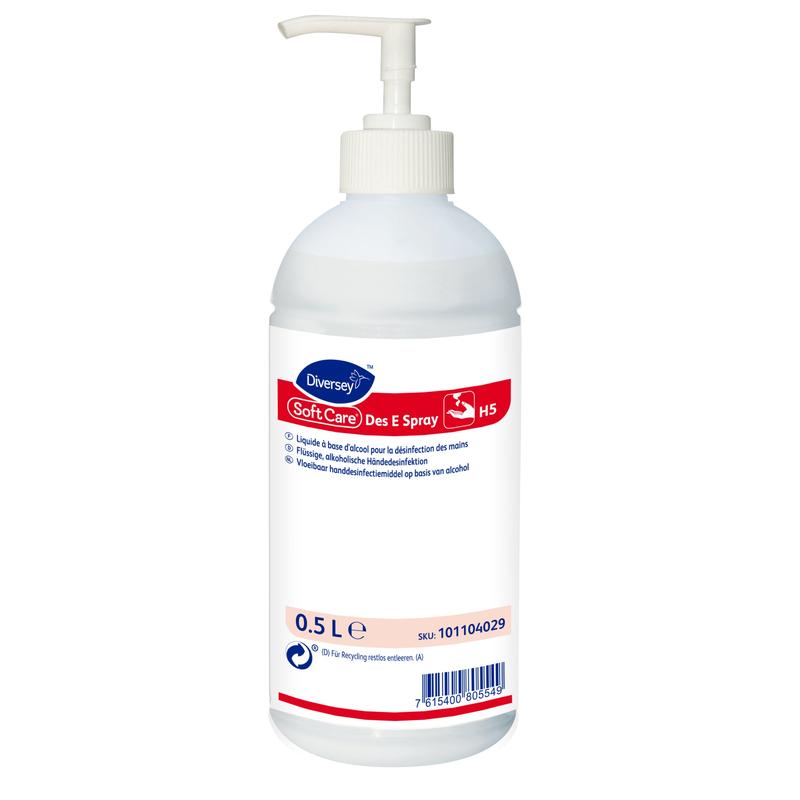 Une bouteille en plastique blanche de 0,5 litre de Soft Care Des E Spray H5 de Diversey Deutschland GmbH & Co. OHG, avec un distributeur à pompe et une étiquette multilingue – idéale pour une désinfection efficace des mains en déplacement en format spray pratique.