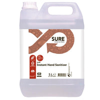 A 5-liter container made of clear plastic containing SURE Instant Hand Sanitizer, a hand sanitizer from Diversey Deutschland GmbH & Co. OHG, features a white label with a brown design, the product name, the brand logo, function symbols, and a cap in the upper left corner. Ideal for effective germ control.