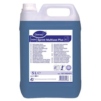 A 5-liter plastic container of TASKI Sprint Multiuso Plus, a universal maintenance cleaner from Diversey Deutschland GmbH & Co. OHG, has a blue label and contains a blue liquid for effectively cleaning various surfaces.