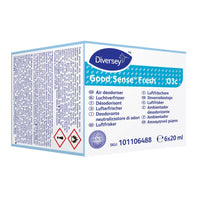 Una confezione di cartucce profumate Good Sense Fresh per il sistema deodorante Good Sense (6 pezzi) di Diversey Deutschland GmbH & Co. OHG, codice articolo 101106488, 6x20 ml, con tecnologia O.N.T. per Fresh Scent ed etichette multilingue.