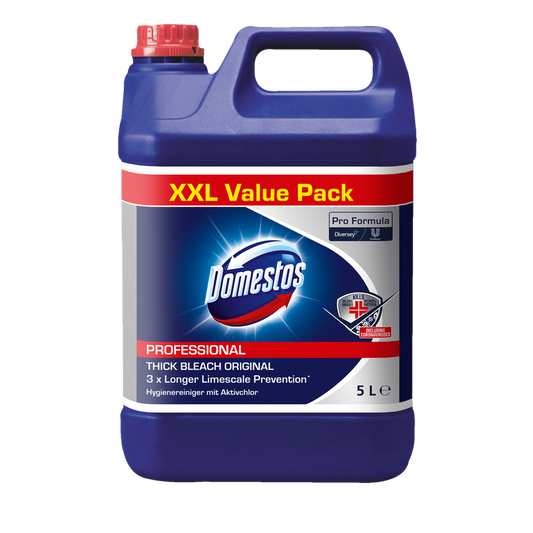 Der DOMESTOS Professional 5L Kanister Hygienereiniger mit Aktivchlor von Diversey Deutschland GmbH & Co. OHG ist ein XXL-Vorteilspack mit blauem Korpus, roter Kappe und Frontetikett für eine kraftvolle Tiefenreinigung.