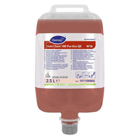 A 2.5L TASKI Sani 100 Pur-Eco sanitary cleaner from Diversey, pH-neutral, EU-environmentally certified, ideal for cleaning marble, with a carrying handle, pour spout cap, and multilingual label.