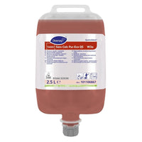 Una confezione da 2,5 litri di detergente base per sanitari Diversey TASKI Sani Calc Pur-Eco QS (a base di acido citrico, altamente concentrato, certificato ecologico UE) con informazioni sul prodotto, istruzioni per l'uso, codice QR e tappo dosatore.